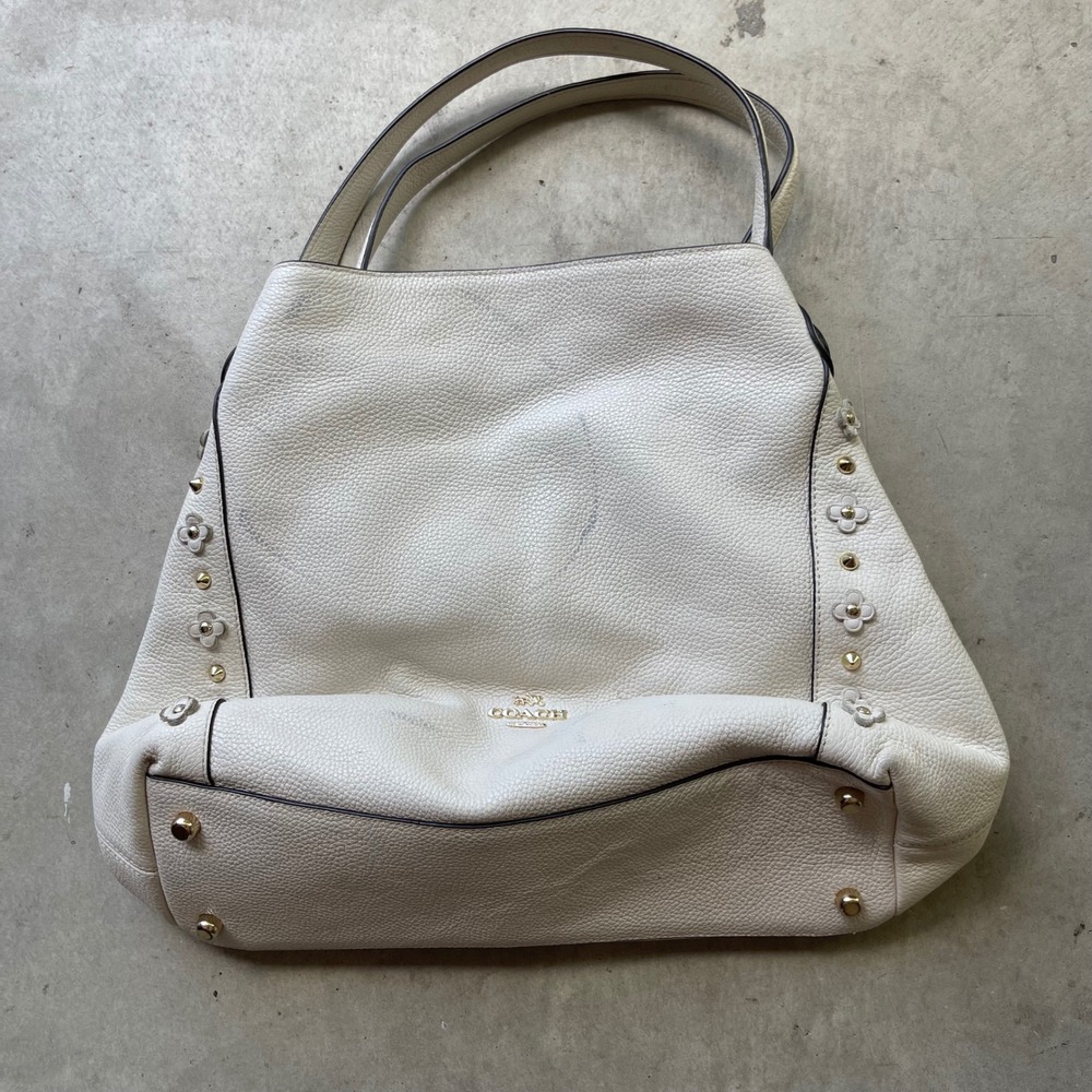 Coach Edie 31 Shoulder Bag Chalk White Pebbled Leather Tea Rose Floral Studded